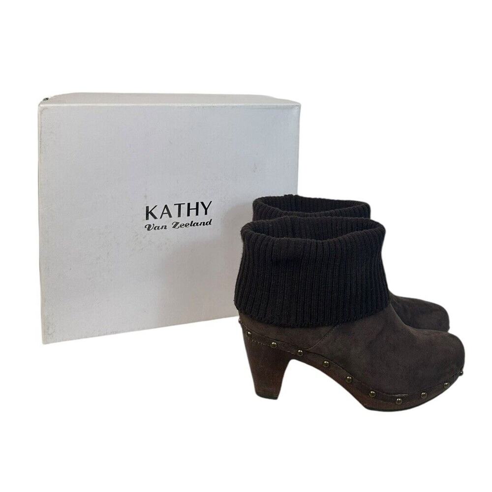 Kathy Van Zeeland Brown Sweater Cuff Platform Ankle Boots Womens Size 7.5